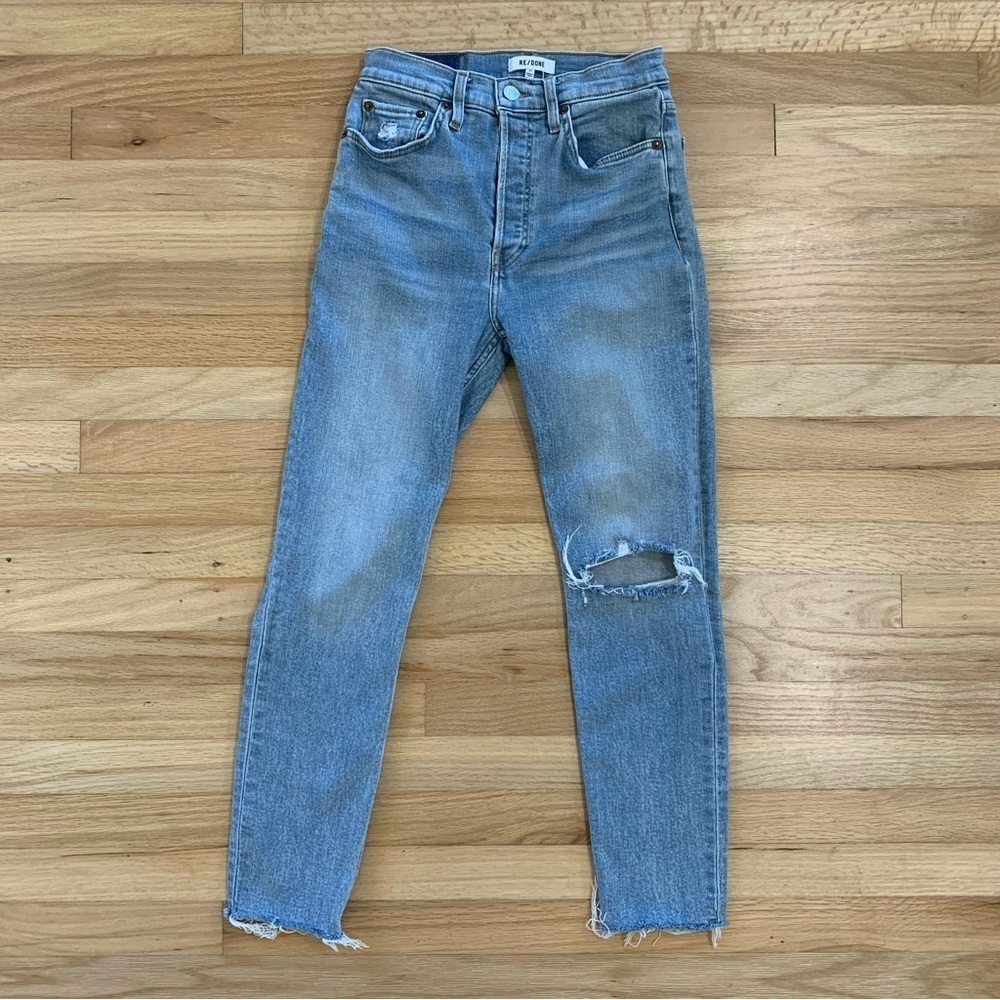 Re/Done 90s High Rise Ankle Crop in Worn Bright Blue size 27 Button Fly Denim - Picture 2 of 16